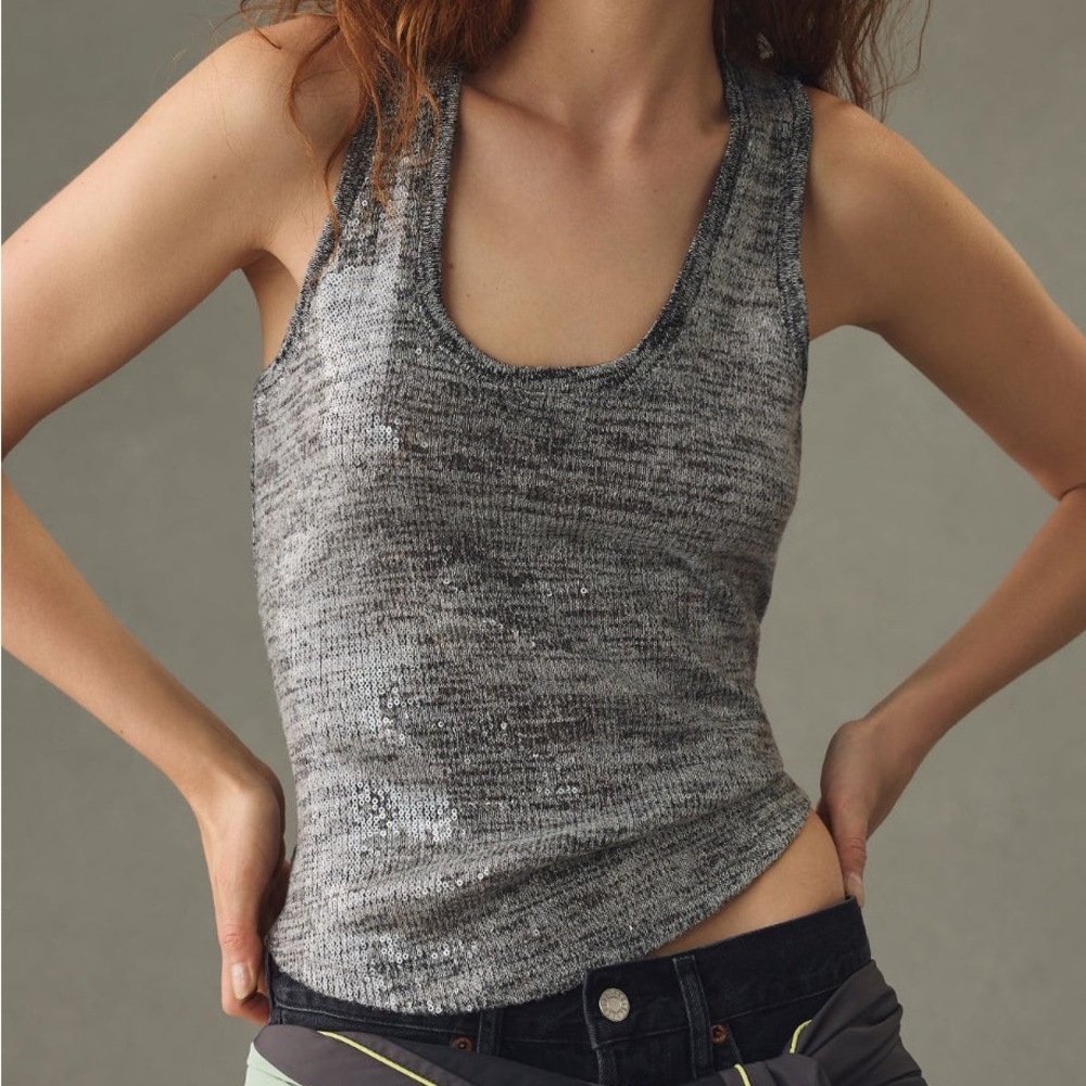 Pilcro Anthropologie Silver Sequin Shimmer Scoop Tank Top